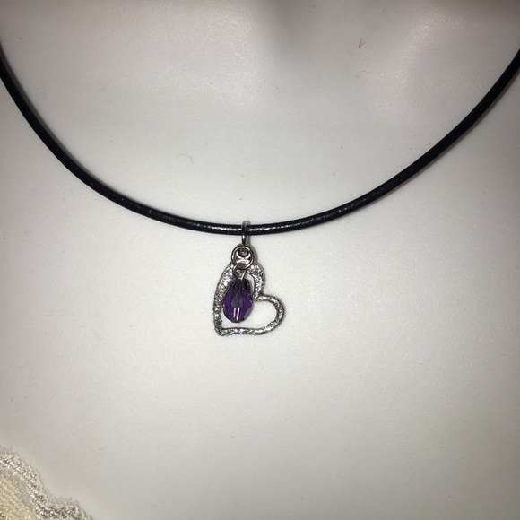 Silver heart w/ purple crystal leather & earrings - Picture 7 of 8